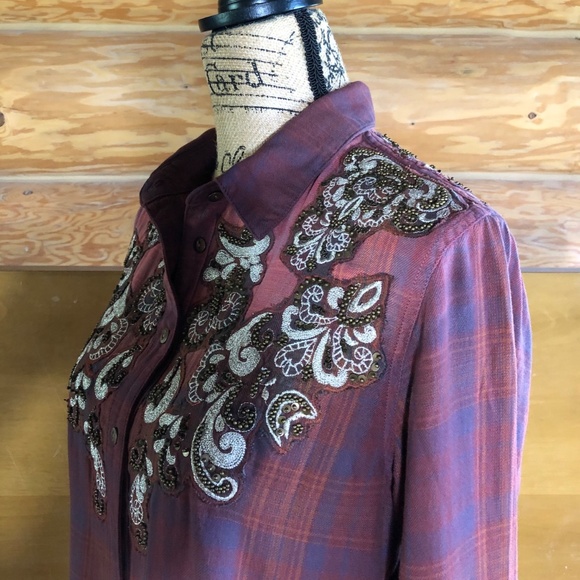 Free People Stevie's Embellished Plaid Shirt Tunic in red/burgundy size M - Picture 10 of 12